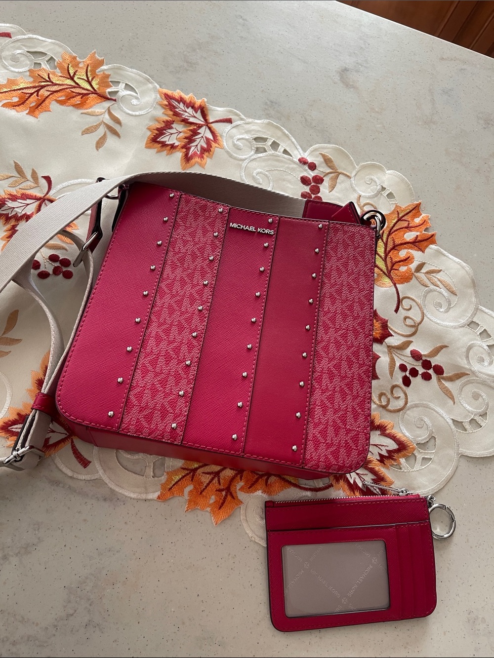 Michael Kors Hot Pink Signature Stripe Crossbody with Card Holder